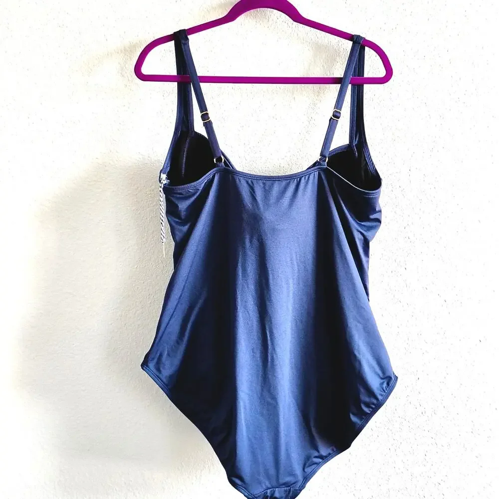 Sonnet Shores Plus Size 24W Navy Blue Ruched One Piece Swimsuit Full Coverage